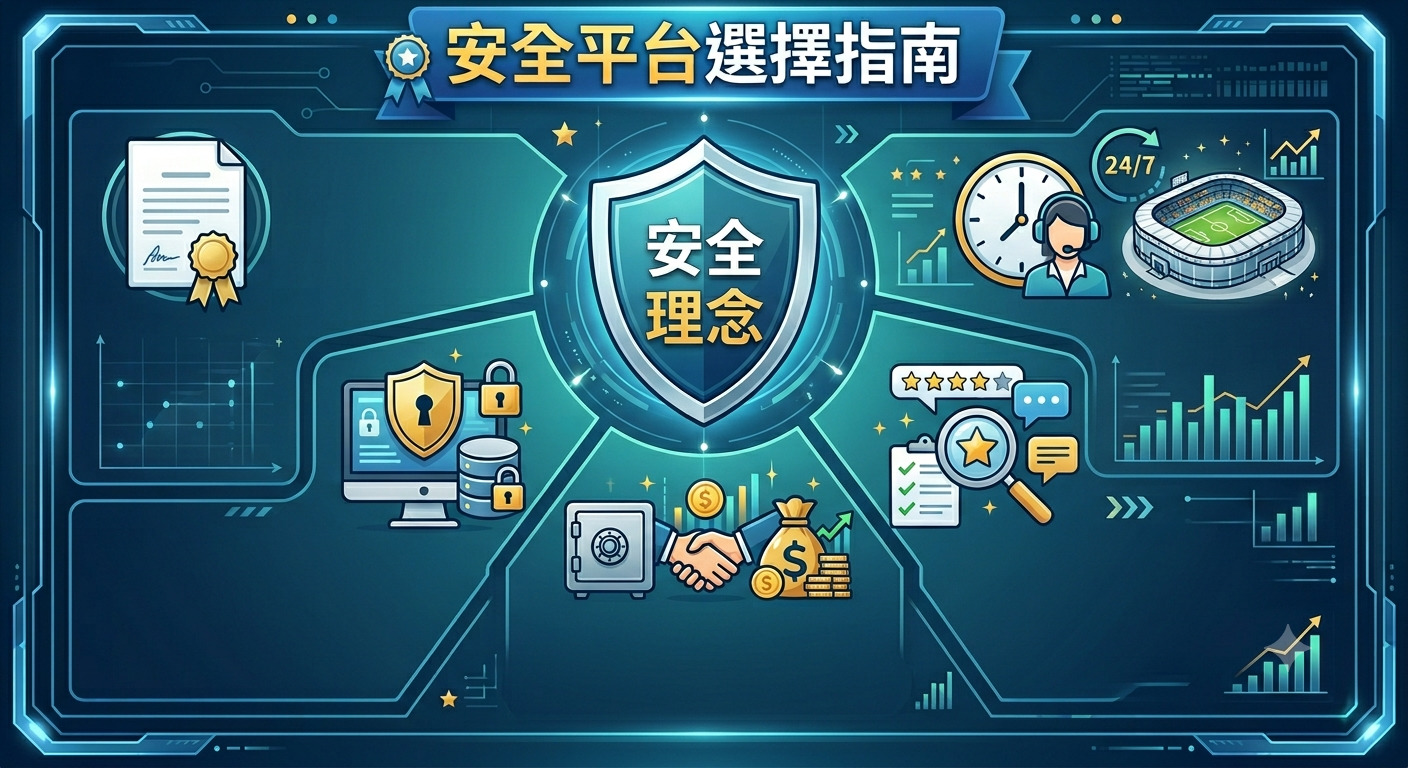 這張圖片以科技感藍色基調呈現，將「安全平台選擇指南」作為核心標題，強化專業與信賴感。 中心以「安全理念」盾牌象徵防護，周圍透過認證文件、加密技術、客戶服務與財務透明等圖示，直觀展示平台選擇的關鍵要素。 整體介面結合數據圖表與現代化設計，旨在引導玩家全面評估博弈平台的合法性與技術穩定性。