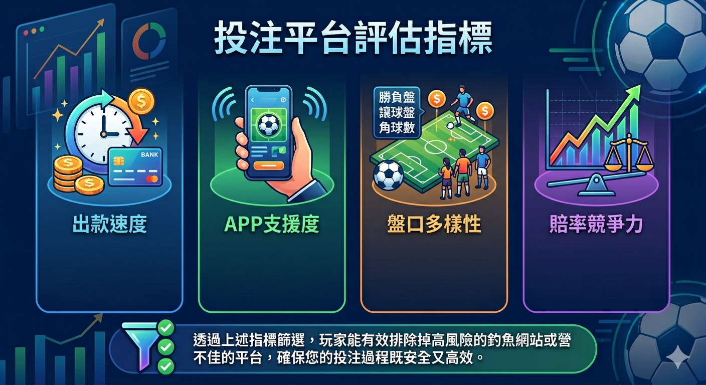 這張圖片以專業的視覺設計展示了「投注平台評估指標」，重點突出了出款速度、APP支援度、盤口多樣性與賠率競爭力四個核心要素。 透過圖像化的分類與簡潔的圖標，幫助玩家直觀地理解篩選優質平台的關鍵標準。 下方附帶的說明文字總結了運用這些指標能有效排除高風險網站，確保投注過程的安全性與高效體驗。
