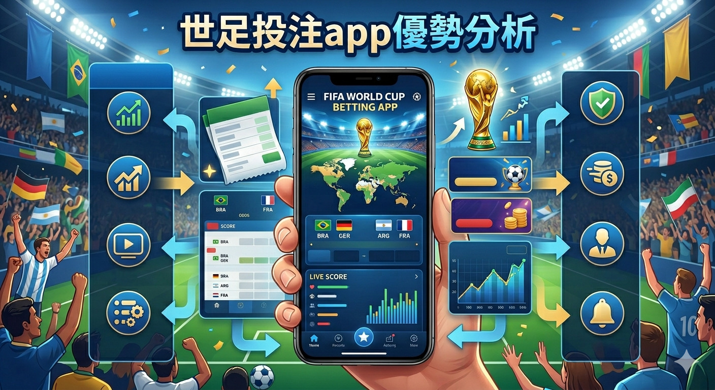 這張圖片展示了世足投注應用程式的優勢分析,畫面中心由手持手機呈現,清晰呈現介面特色。 兩側搭配數據分析圖表與圖示,強調該應用程式在提供賽事資訊與投注功能方面的整合效率。 背景採用熱情的體育場賽事氛圍,突顯出專為足球迷與投注者設計的專業使用體驗。