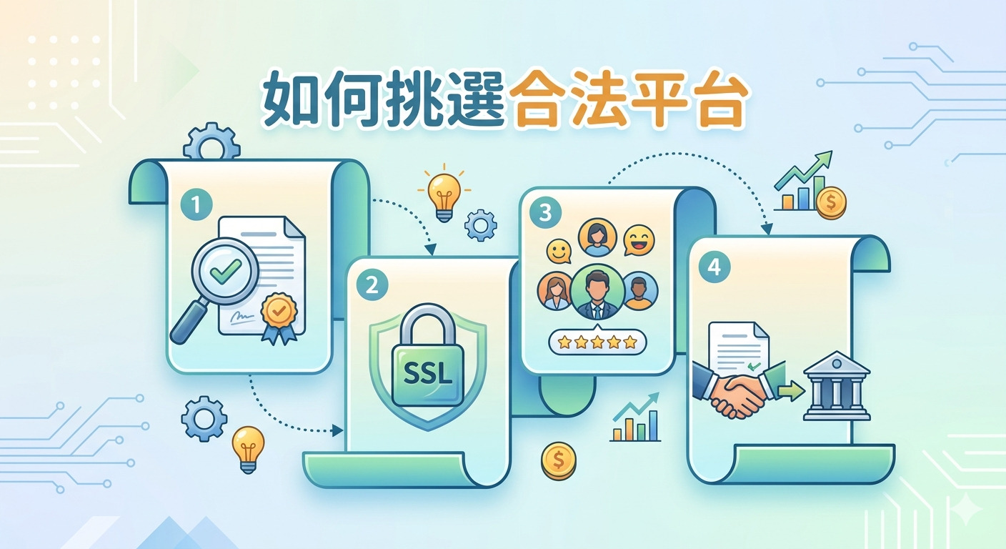 這張圖片呈現了挑選合法平台的四個關鍵步驟。 畫面透過標章審核、安全加密、用戶評價與機構合作等圖示,直觀地傳達安全篩選機制。 整體設計清晰專業,旨在引導使用者如何正確判斷並選擇合規的網路平台。