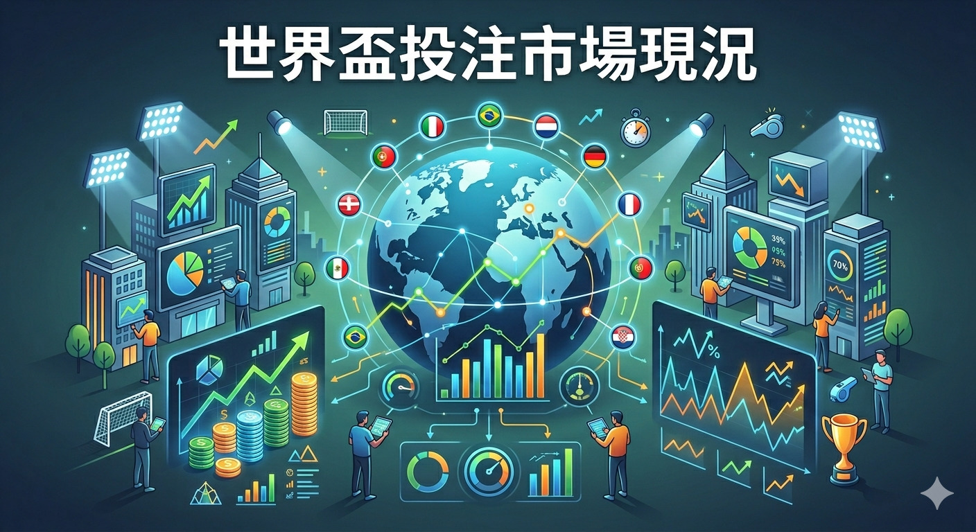 這幅影像以「世界盃投注市場現況」為主題,呈現了全球化的數據分析與金融動態。 畫面中結合了地球儀、各國國旗與多樣化的財務圖表,象徵世界盃期間全球投注市場的活躍與數據化趨勢。 整體風格透過現代科技感與分析師的操作,精準傳達了運動博弈產業的市場競爭與繁榮景象。