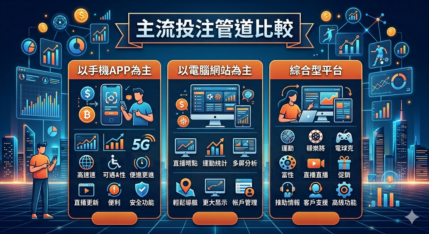 這張圖片以「主流投注管道比較」為標題,詳細分析了手機 APP、電腦網站及綜合型平台三種投注方式的特點。 畫面透過簡潔的圖標與分類,呈現出各類平台在速度、便利性、數據分析及功能服務上的差異。 整體設計以科技感背景輔以現代化介面,讓使用者能快速直觀地比較不同投注管道的優勢與應用場景。