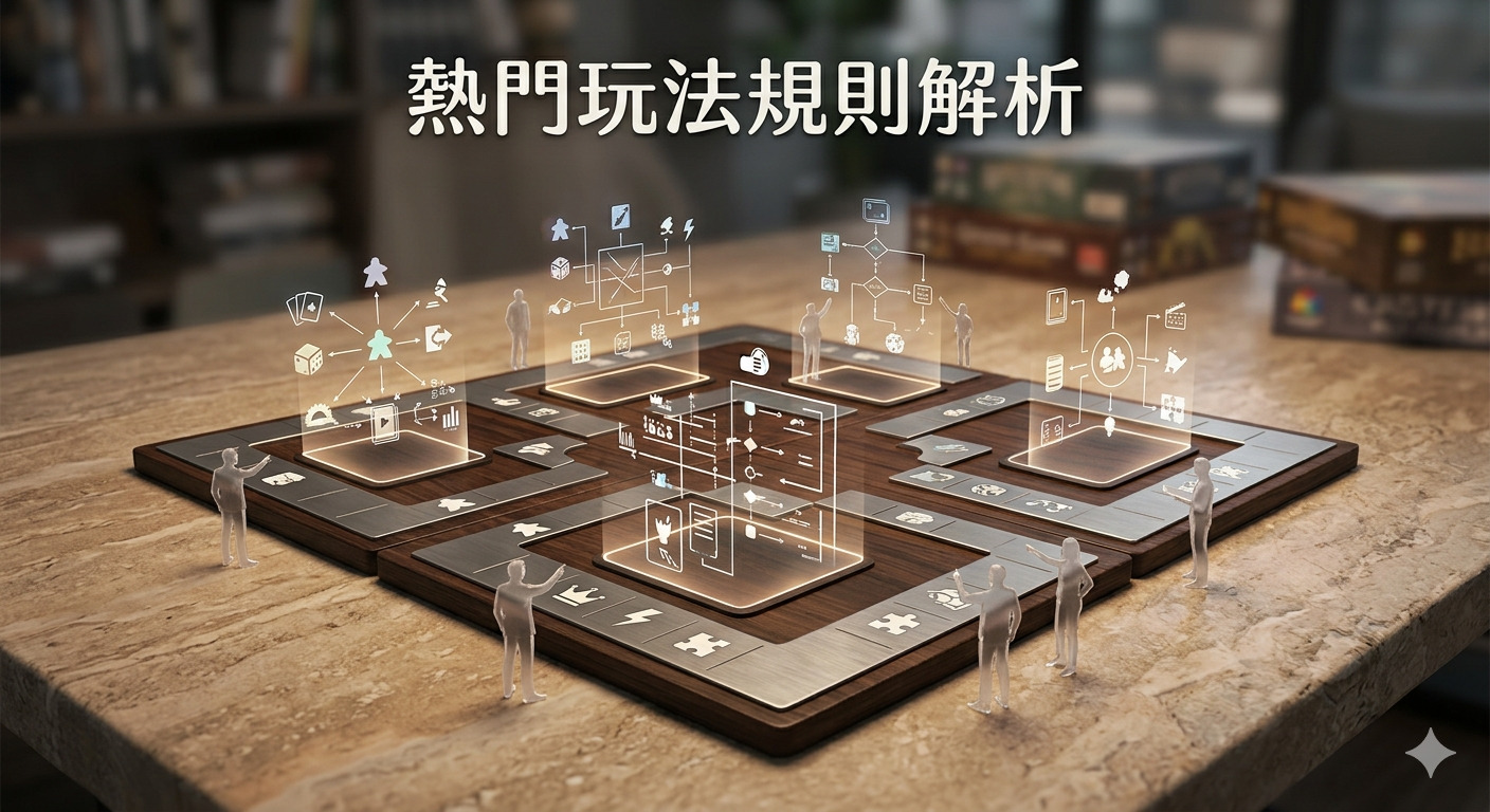 這張圖片呈現了一個結合桌遊元素與數據分析概念的場景,上方標題為「熱門玩法規則解析」。 桌面上放置著精緻的遊戲板,板上浮現出立體的規則圖示與流程圖,象徵著對熱門玩法的深入剖析。 微型的人物模型圍繞在旁,彷彿正在研究這些規則,將複雜的策略視覺化,完美呼應了主題。