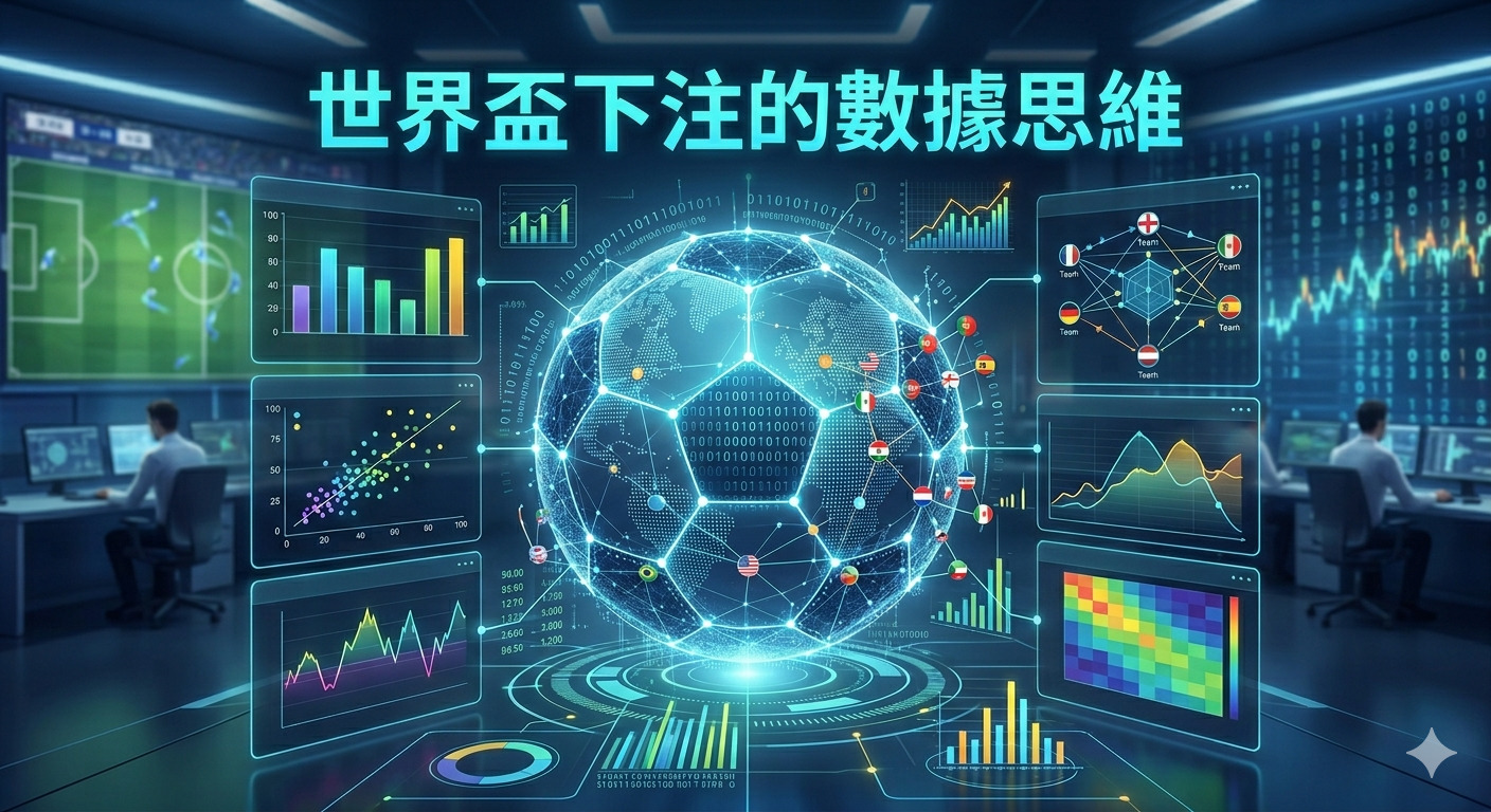 畫面上方醒目地呈現了中文標題,中央則是由數據流組成的數位足球,象徵著預測分析。 周圍環繞著多個顯示比賽統計數據、走勢圖表與分析模型的操作介面,營造出專業的數據分析環境。