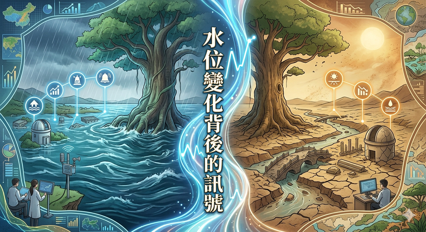 這幅圖像呈現出環境水位變化的強烈對比:左側描繪洪水氾濫的景況,象徵著極端氣候帶來的威脅。 右側則展現乾旱缺水的土地,反映了環境失衡與資源枯竭的嚴峻現實。 中央清楚標示「水位變化背後的訊號」,提醒人們關注這些數據背後所隱含的環境警示。