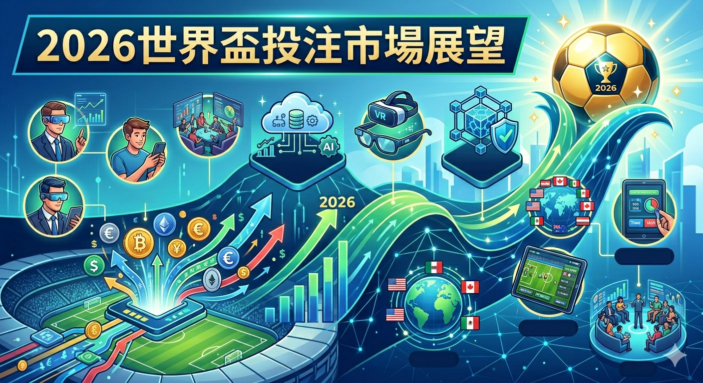 2026 年世界盃投注市場的數位化未來,融合了人工智慧、虛擬實境與加密貨幣等前沿科技元素。 畫面將足球競技場與複雜的數據流連結,象徵著全球賽事投注趨勢的高度整合與創新。 整體設計呈現科技驅動的商業願景,強調了未來投注市場在技術革新與全球化趨勢下的蓬勃發展。