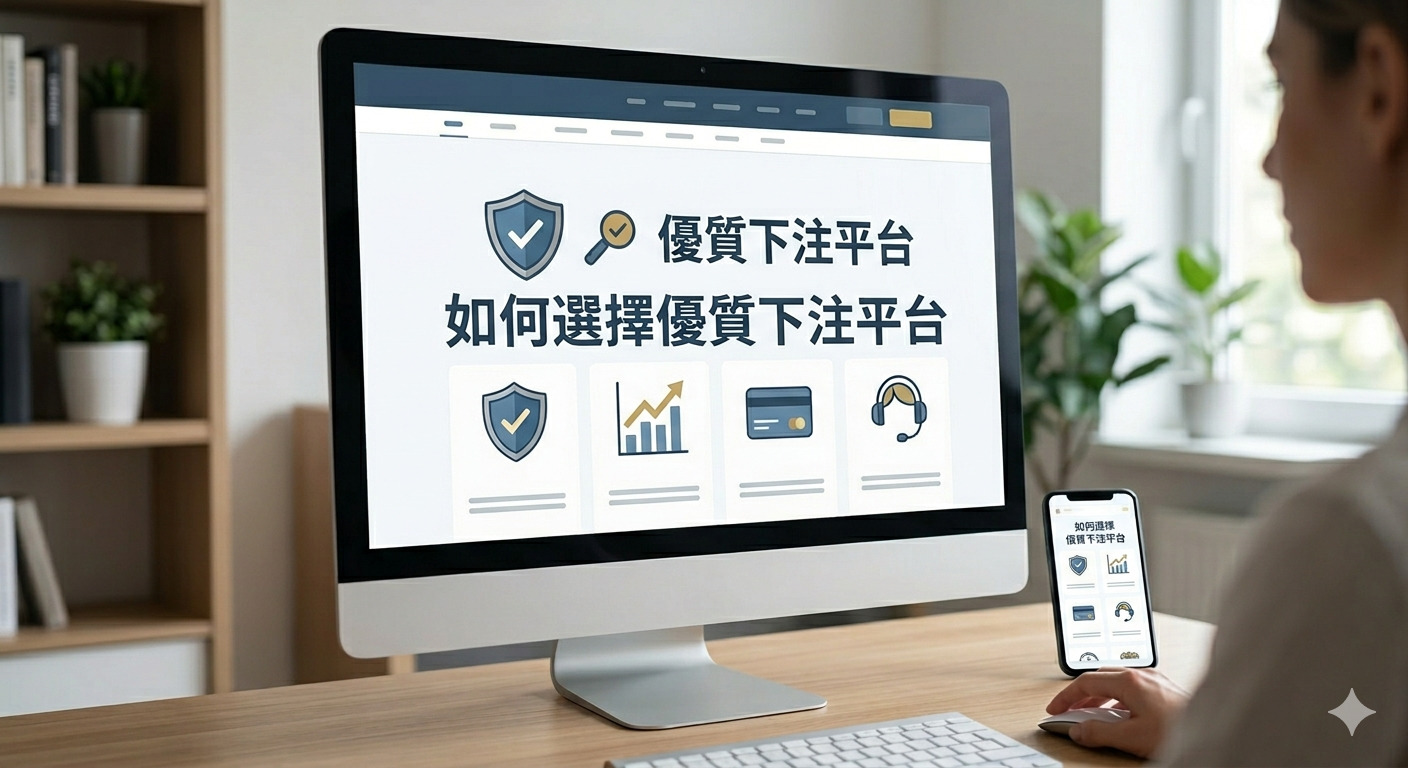 這是一張展示用戶在電腦與手機上瀏覽平台的場景。 螢幕畫面簡潔地呈現了如何選擇優質下注平台的相關主題。 整體風格專業且現代,突顯出安全與資訊透明的選擇標準。