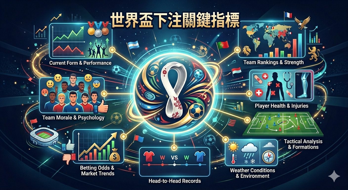 圖像中央環繞著世界盃相關元素，周圍佈局了包含球隊表現、傷病情況、戰術陣型及賠率趨勢等專業指標。 整體設計呈現出科技與數據化的風格，旨在為賽事預測提供清晰的決策參考依據。