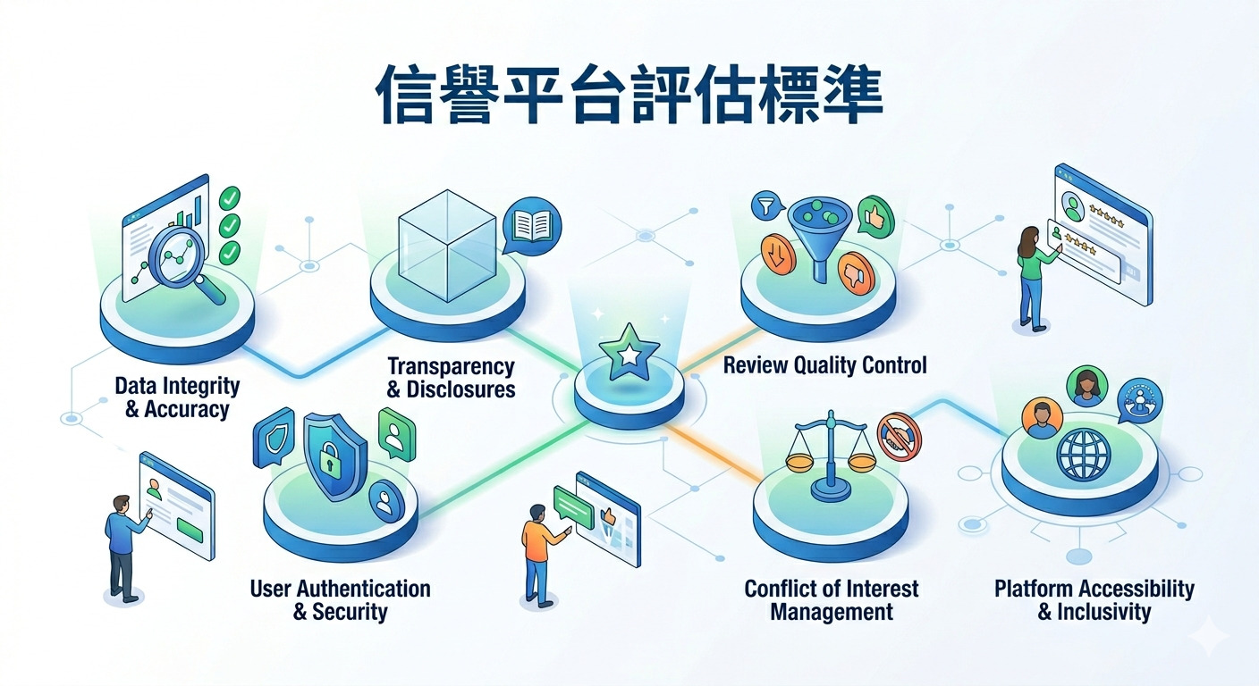 圖中通過六個象徵性圖標，詳細規劃了數據完整性、透明度與審核質量控制等關鍵評估維度。 整體的視覺設計清晰地呈現了建立與維護一個可信賴平台所需的安全與管理框架。