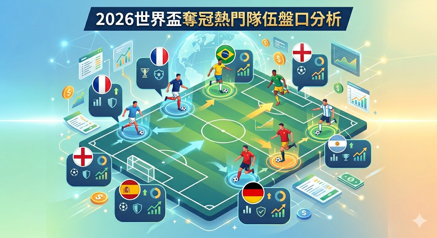 這是一張關於「2026世界盃奪冠熱門隊伍盤口分析」的數據視覺化圖像。 圖像以數位化足球場為中心，結合各國國旗與即時分析圖表，直觀呈現奪冠熱門隊伍的盤口數據與戰術趨勢。 整體設計專業且具備現代科技感，完美詮釋了賽事預測與運彩市場分析的核心主題。