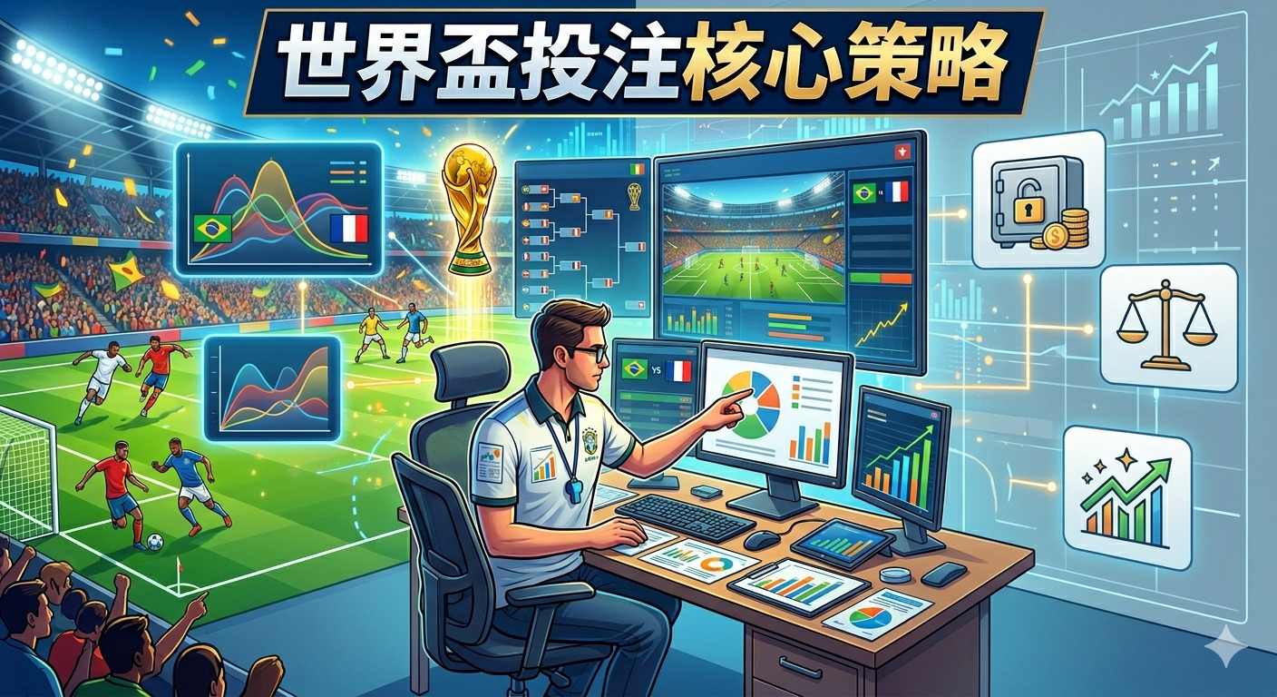 這張圖片呈現了深入分析世界盃賽事的專業策略佈局。 畫面中數據分析師正透過多重螢幕監控比賽數據與市場趨勢，旨在精準掌握投注核心決策。 整體視覺融合了球場實況與財務分析圖表，完美呼應了「世界盃投注核心策略」的主題。