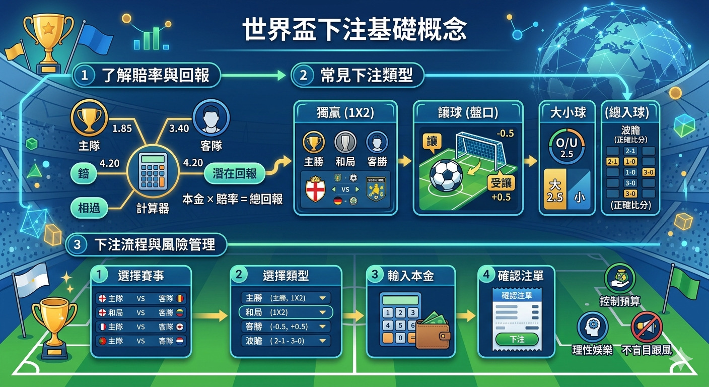 這張圖表以「世界盃下注基礎概念」為主題,採用生動的足球場與獎盃元素設計。 內容系統化地拆解了賠率計算、獨贏及讓球等常見投注類型,並清晰標示操作流程。 整體畫面結合了實用的數據圖表與風險管理提示,幫助讀者快速掌握核心觀念。