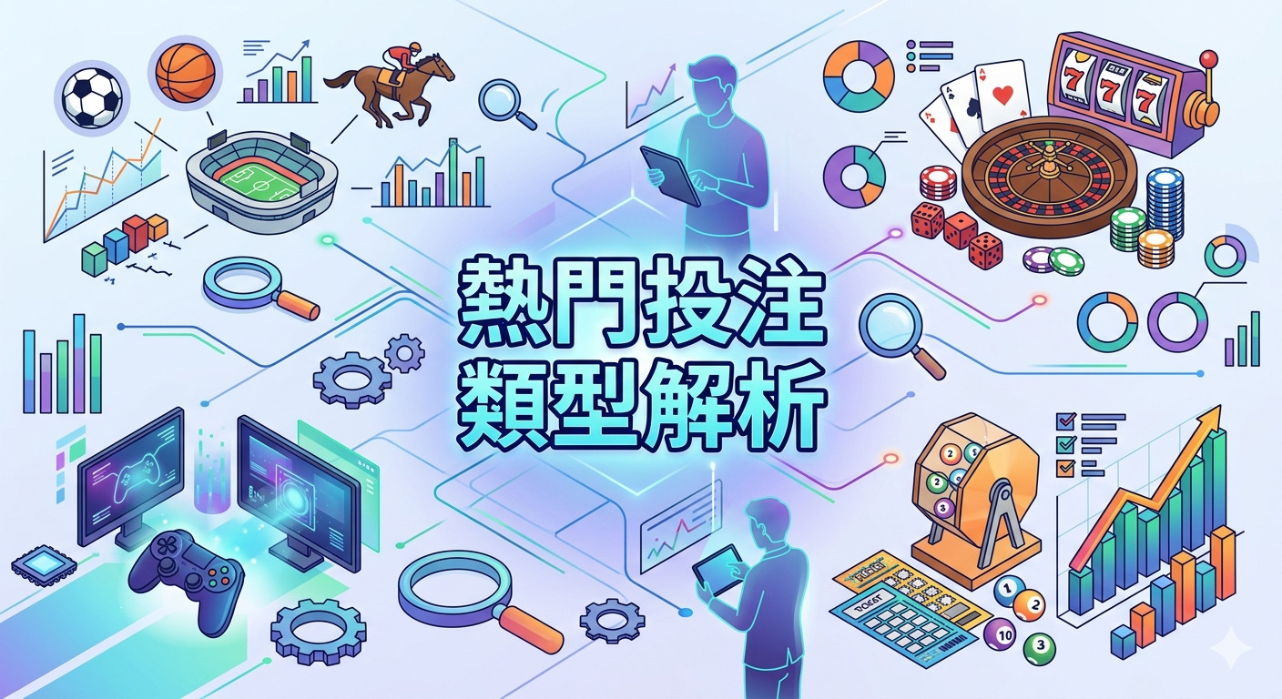 這張圖表以「熱門投注類型解析」為核心主題,採用現代感十足的科技線條與數據圖表呈現。 畫面融合了體育賽事、電子競技、經典賭盤與彩票等多元元素,生動展示各種類型的分析與趨勢。 透過清晰的視覺icon與明亮的藍紫色調,完美詮釋了現代線上投注市場的多元化與數據化分析。