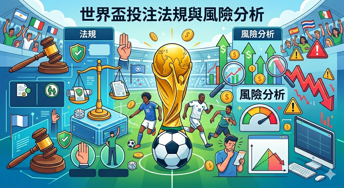 這幅圖片結合了世界盃足球賽的熱烈氛圍與博弈產業的法律規範，畫面中央醒目的冠軍獎盃與球員象徵著體育盛事。 左側以法槌、天平及盾牌等元素，深入解析各國對於體育投注的法律法規、合法合規性與嚴格的管理機制。 右側則透過數據圖表、箭頭及警示符號，全面評估博弈背後的財務風險與市場變動，提醒大眾理性分析風險。