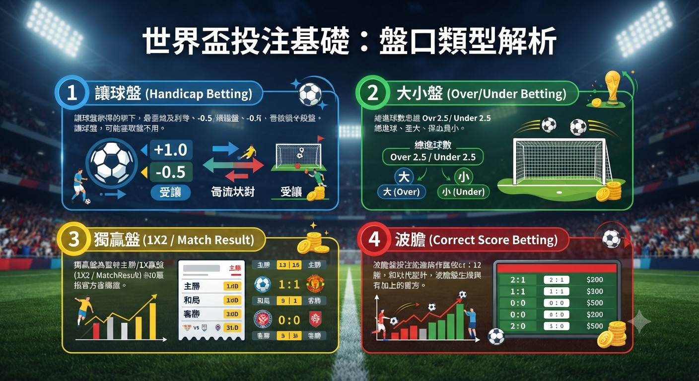 這是一張以足球賽場為背景的資訊圖表，標題為「世界盃投注基礎：盤口類型解析」，詳細說明了四種主要的投注方式。 圖中透過圖示與數據呈現了「讓球盤」、「大小盤」、「獨贏盤」及「波膽」的運作機制，提供給投資者基礎參考。