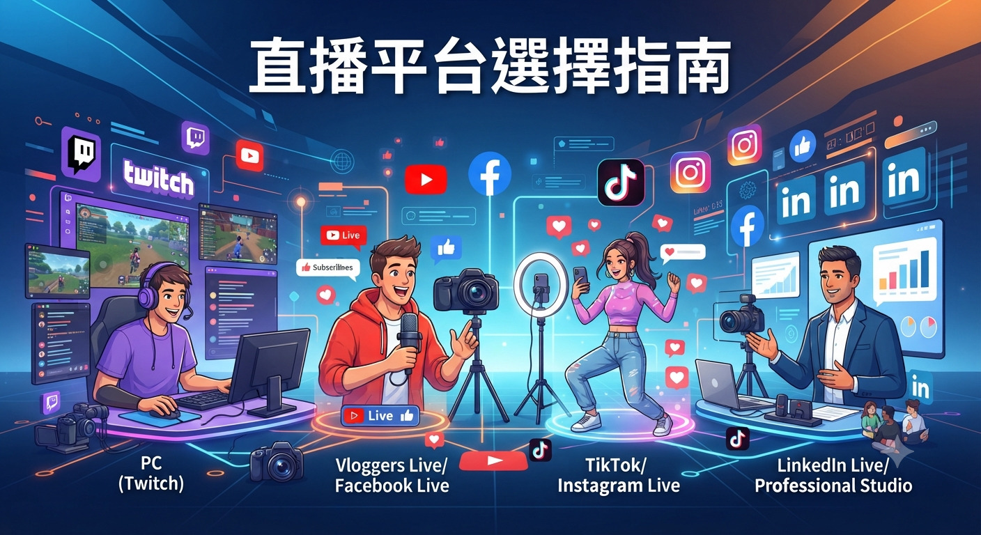 這張圖片展示了各種直播平台的選擇指南，包含 Twitch、Facebook、TikTok、Instagram 與 LinkedIn 直播場景。 畫面呈現了不同類型的直播主在專業設備與社交媒體圖示環繞下，展現各平台的直播特色。