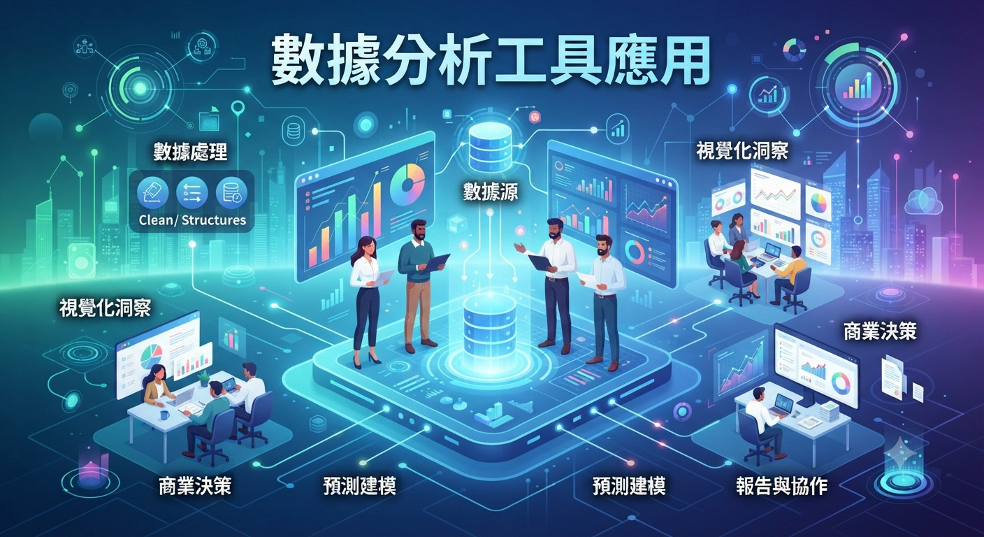 這張圖片展示了一個充滿未來科技感的數位工作空間，專業人員正圍繞著發光的中央資料庫與各種全息數據圖表進行協作。 畫面頂部標有「數據分析工具應用」，生動呈現了將龐雜數據轉化為視覺化洞察並輔助商業決策的動態過程。