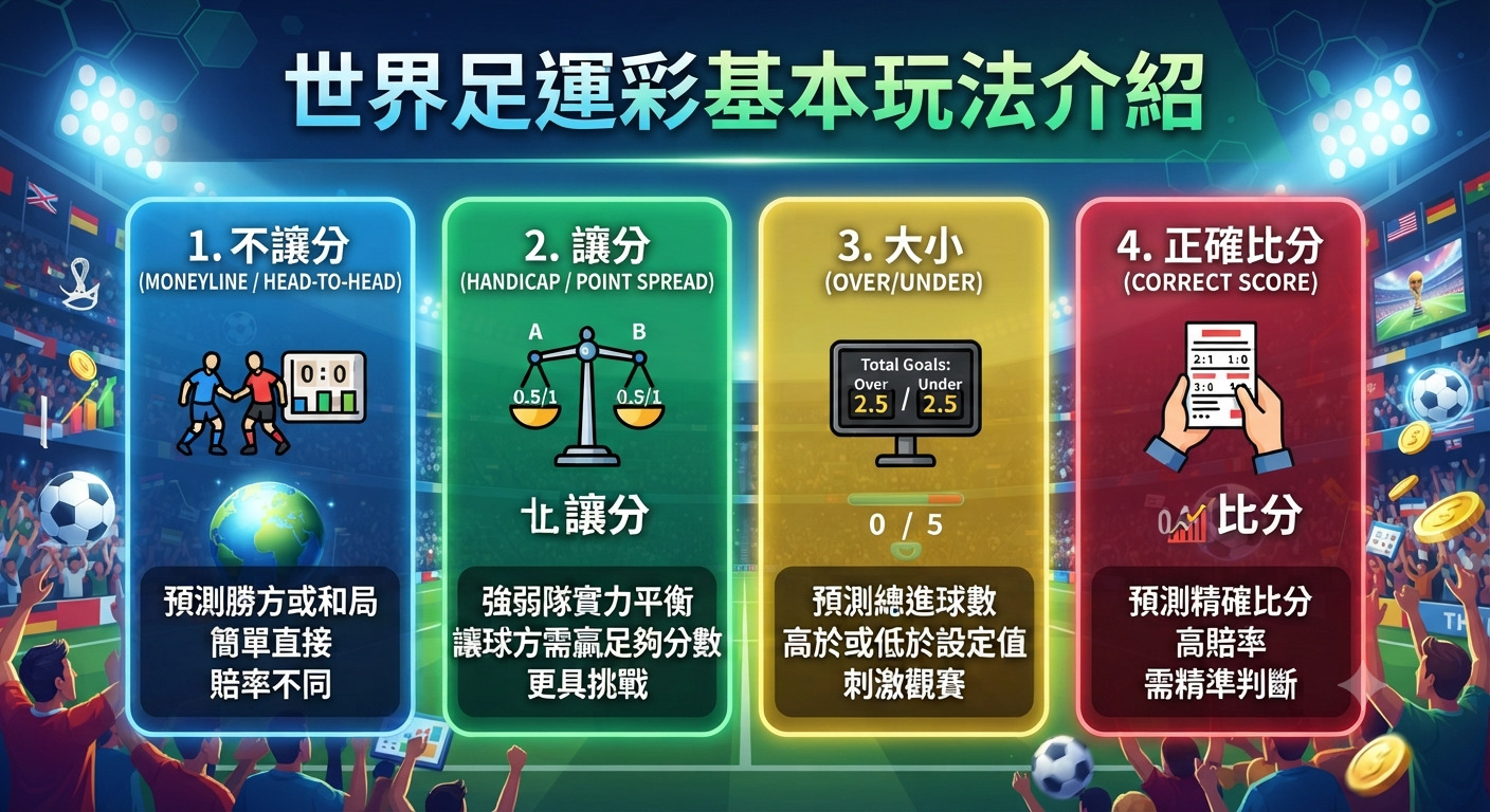 這是一張關於「世界足運彩基本玩法介紹」的圖表,以足球賽場為背景。 圖中詳細列出了四種主要的投注玩法,包含不讓分、讓分、大小以及正確比分,並輔以圖示與簡要說明。