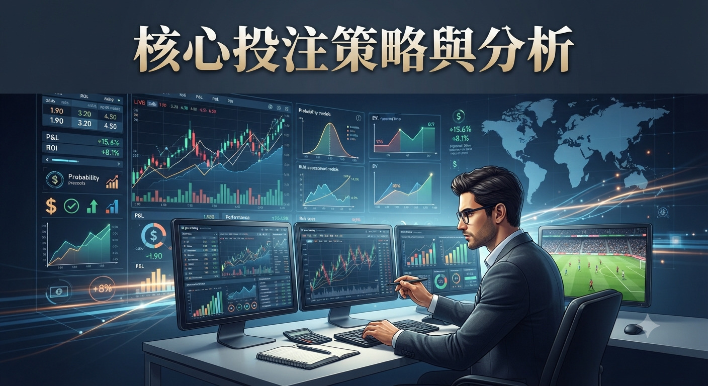 這是一張專業分析師在監控多個數據面板的場景,背景顯示著詳細的投注走勢圖表與體育賽事資訊。 畫面正上方以醒目的字體標示著「核心投注策略與分析」,強調其數據驅動與專業決策的主題。