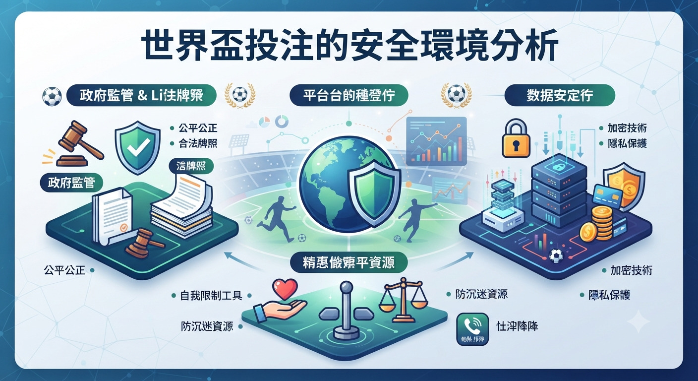 這張圖片以「世界盃投注的安全環境分析」為主題,展示了結合法律監管、平台認證與數據加密技術的安全防護體系。 透過視覺化的數據與圖標,強調了在保護用戶隱私與防範沉迷的基礎上,建構公正且透明的投注環境之核心要素。