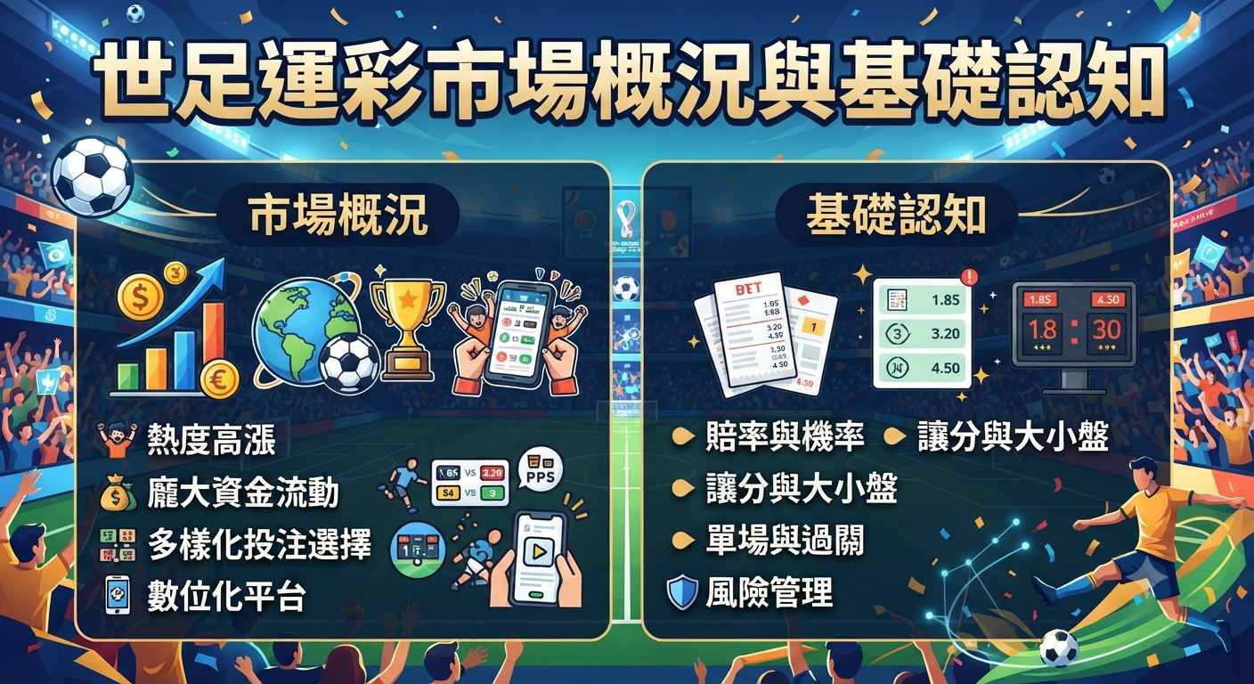 這張圖片以「世足運彩市場概況與基礎認知」為標題,透過左右對比的佈局呈現了足球博弈的市場規模與投注核心概念。 畫面背景充滿熱血的足球賽事氛圍,並利用圖標與簡潔文字重點歸納了運彩產業的市場趨勢與基本投注知識。