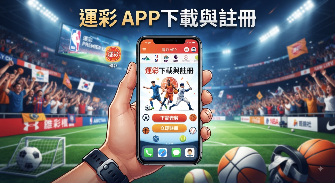 這是一張以「運彩APP下載與註冊」為主題的宣傳圖片,背景為熱鬧的體育場。 畫面正中央是一隻手拿著智慧型手機,手機螢幕上顯示著運動彩券應用程式的下載與註冊介面。