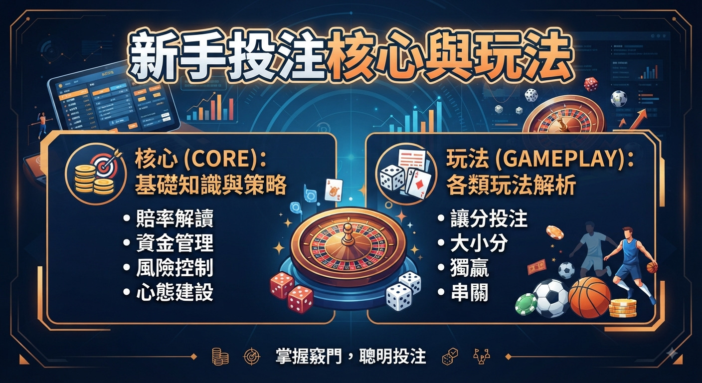 這張圖片以「新手投注核心與玩法」為標題,採用專業且清晰的深藍色科技風格設計。 畫面透過圖標與區塊整合,呈現基礎知識、資金管理以及各類運彩與博弈的玩法解析。