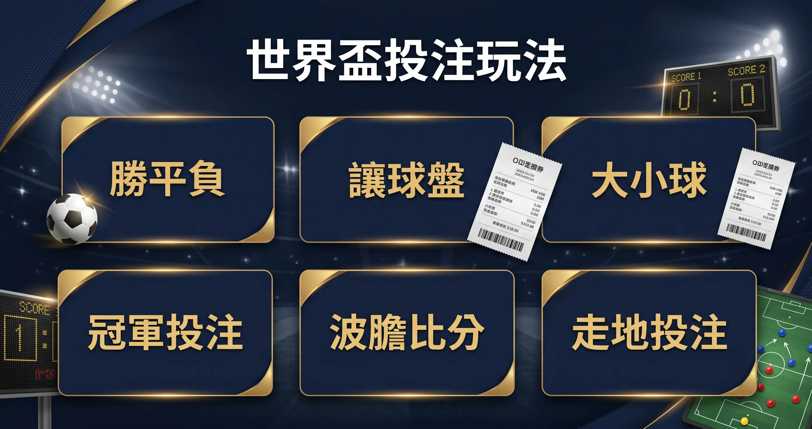 世界盃投注玩法：勝平負、讓球盤、大小球、冠軍投注、波膽比分、走地投注